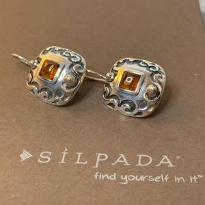 Silpada Vintage Sterling & Amber Scroll Engraved Locking Wire Earrings